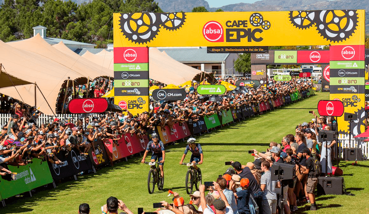 Mountain bikers on singletrack trails during the Cape Epic stage race in Western Cape, South Africa