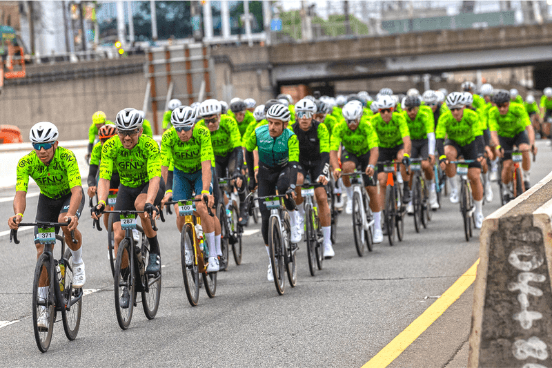 Cyclists crossing the George Washington Bridge at the start of GFNY New York