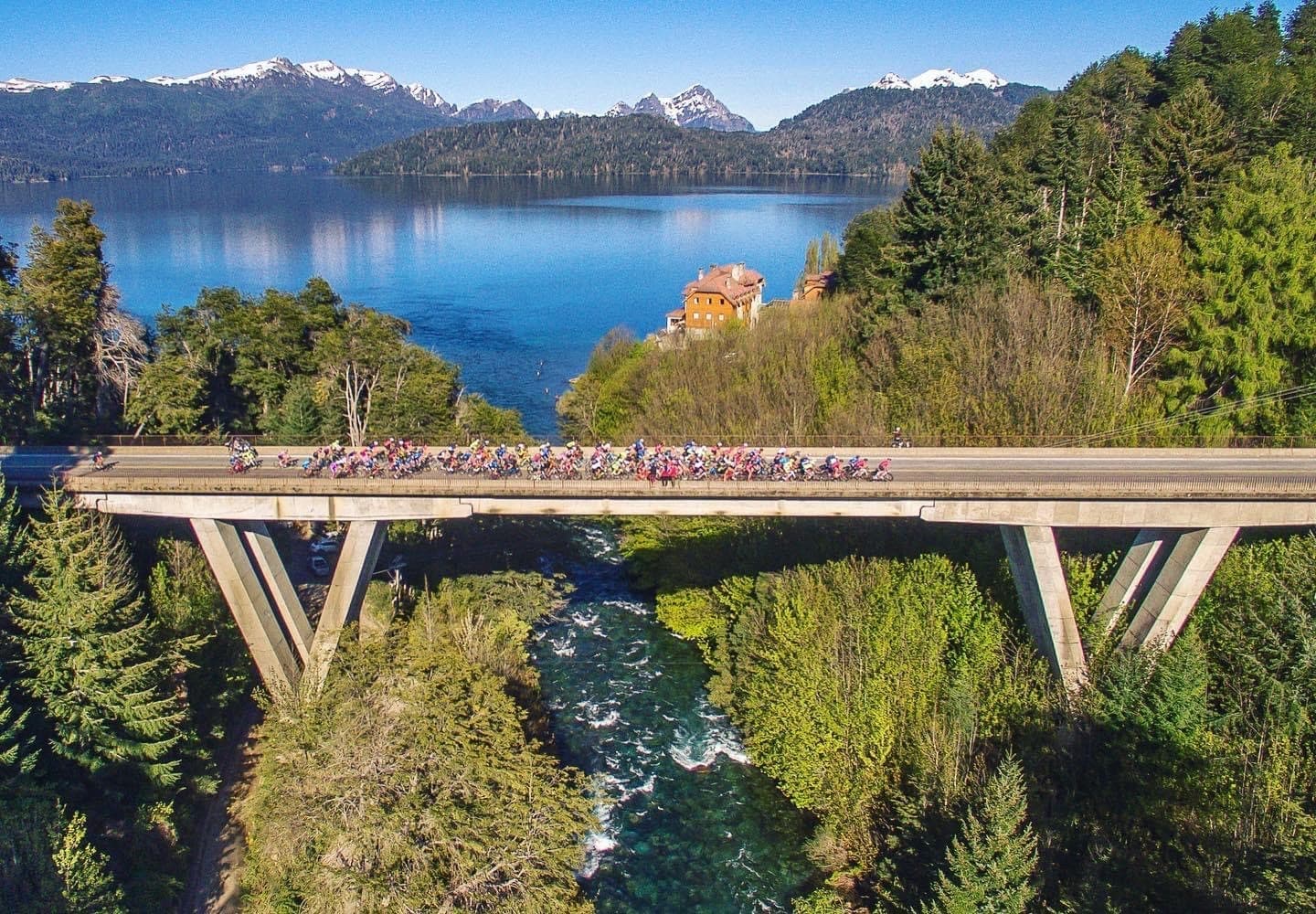 Cyclists riding the scenic Seven Lakes Route through Patagonia during Gran Fondo 7 Lagos