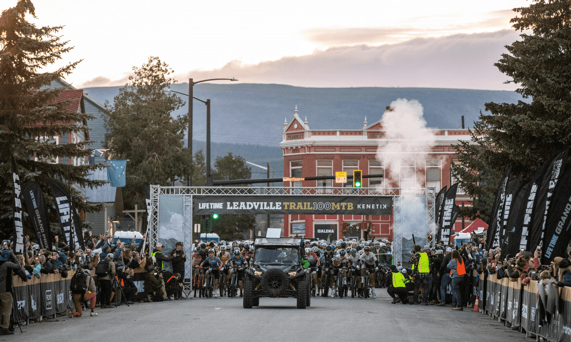 Mountain bikers riding at high altitude through the Colorado Rockies during Leadville Trail 100