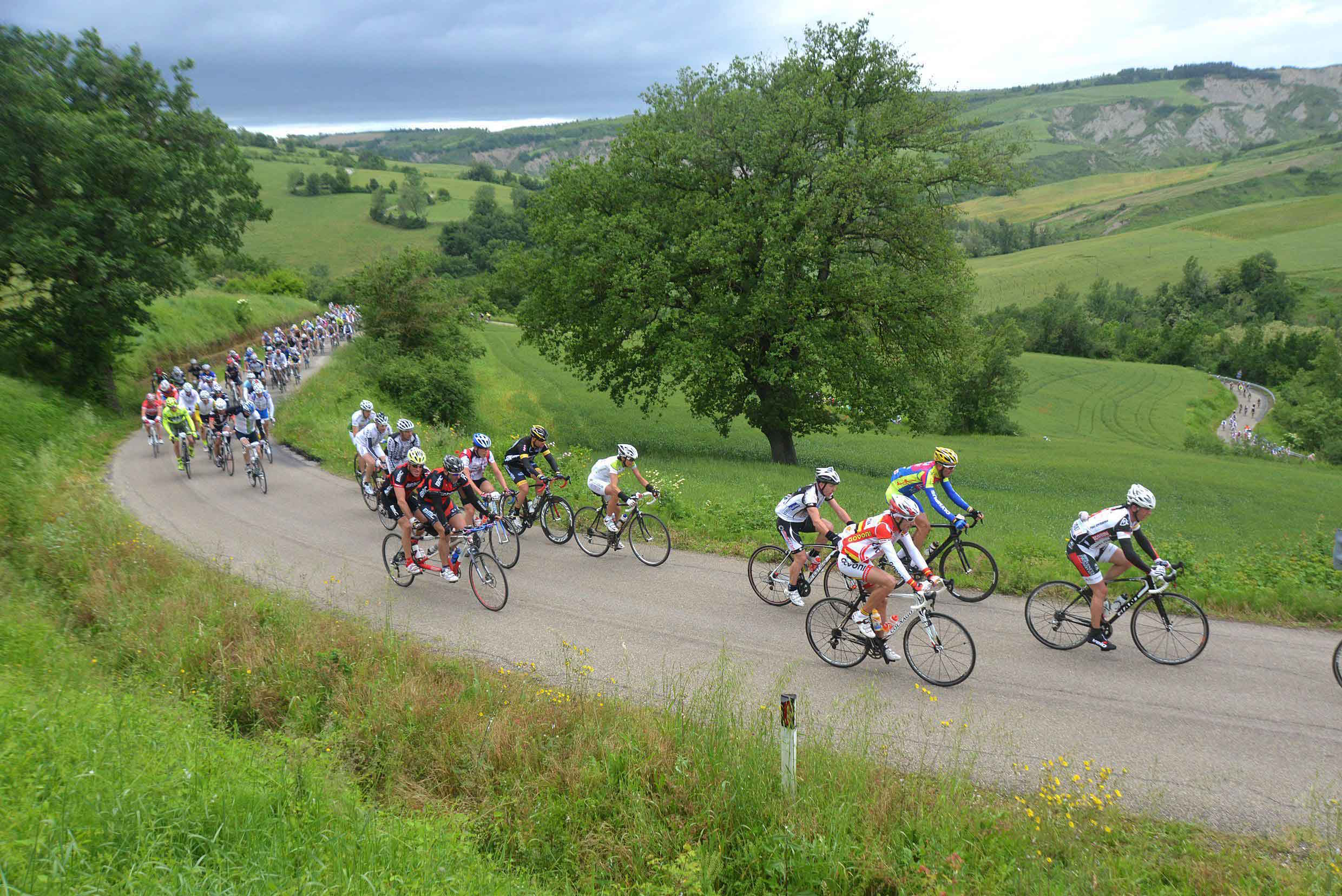 Massive peloton of cyclists climbing through Emilia-Romagna hills during the Nove Colli gran fondo in Cesenatico
