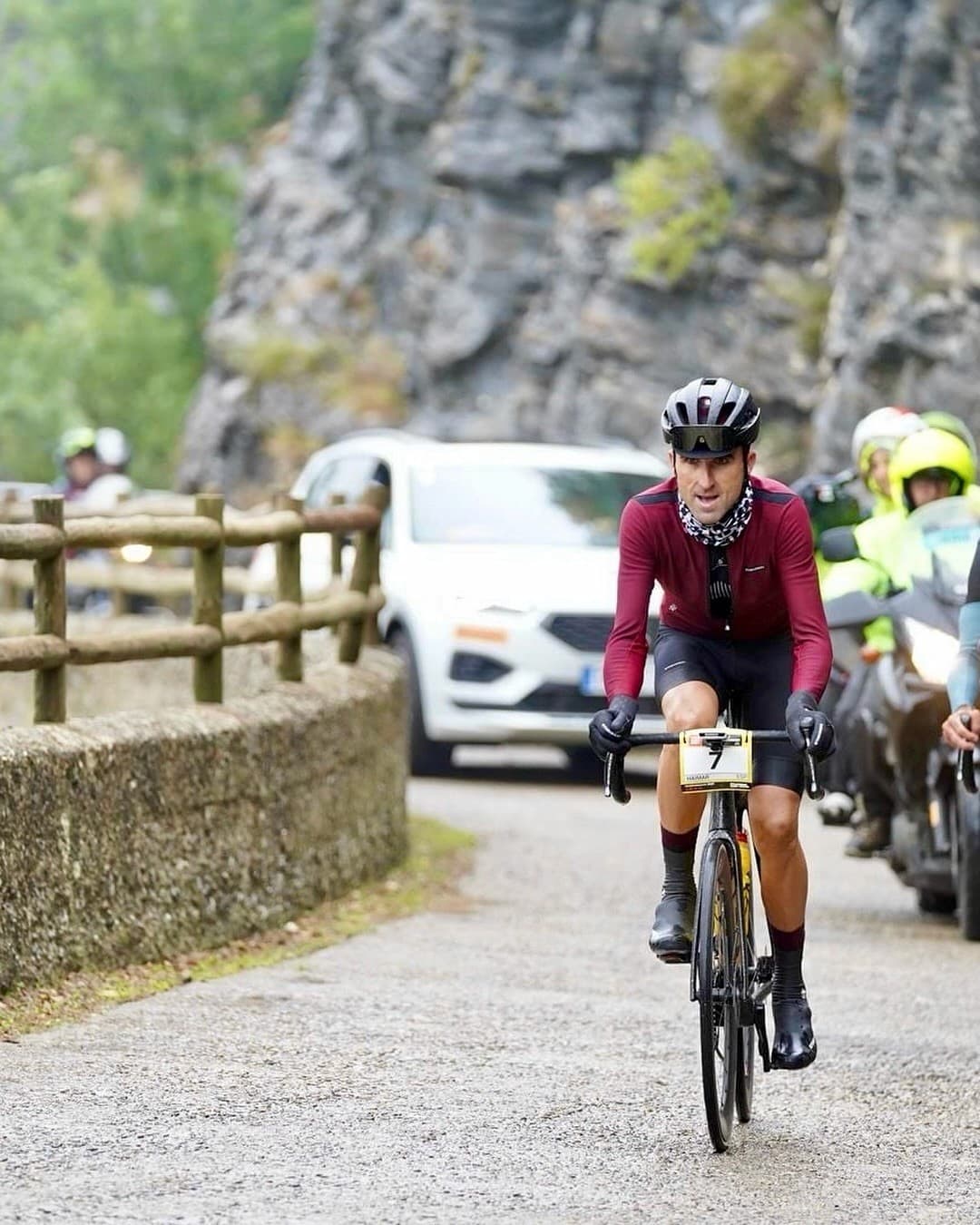 Cyclists ascending the Portalet pass through the Pyrénées during the Quebrantahuesos gran fondo