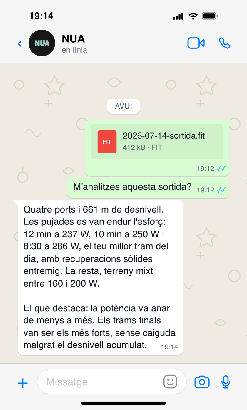 Conversa de WhatsApp on l'atleta envia un fitxer .FIT i NUA respon amb l'anàlisi de la sortida: desnivell, sèries de pujada per watts i l'observació que la potència va anar de menys a més