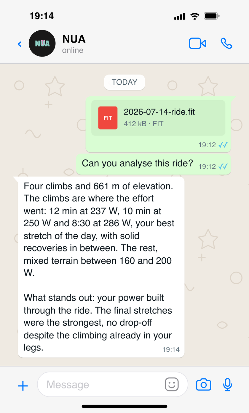 WhatsApp conversation in which the athlete sends a .FIT file and NUA replies with the ride analysis: elevation, the climbing efforts by power, and the observation that power built through the session