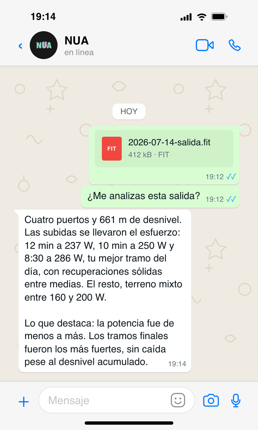 Conversación en WhatsApp donde el atleta envía un archivo .FIT y NUA responde con el análisis de la salida: desnivel, series de subida por vatios y la observación de que la potencia fue de menos a más
