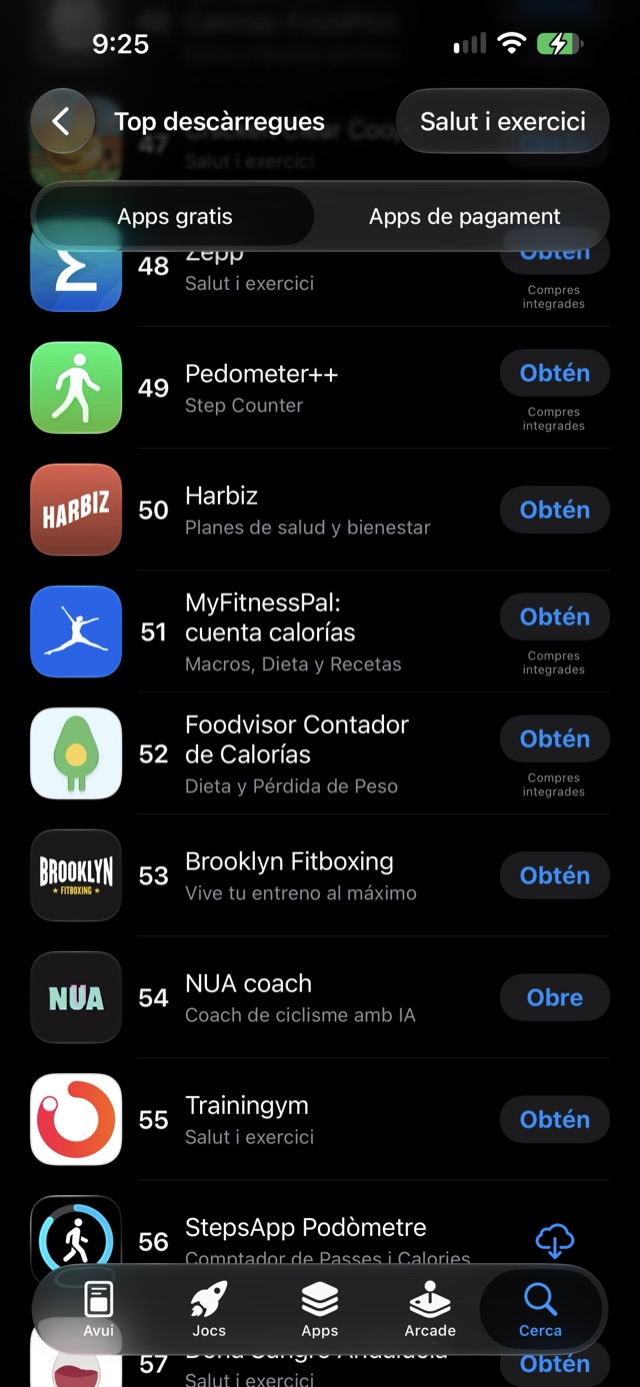 Screenshot der kostenlosen Top-Downloads in Gesundheit und Fitness im spanischen App Store, mit NUA coach, Radsport-Coach mit KI, auf Platz 54, direkt nach MyFitnessPal (51), Foodvisor (52) und Brooklyn Fitboxing (53)